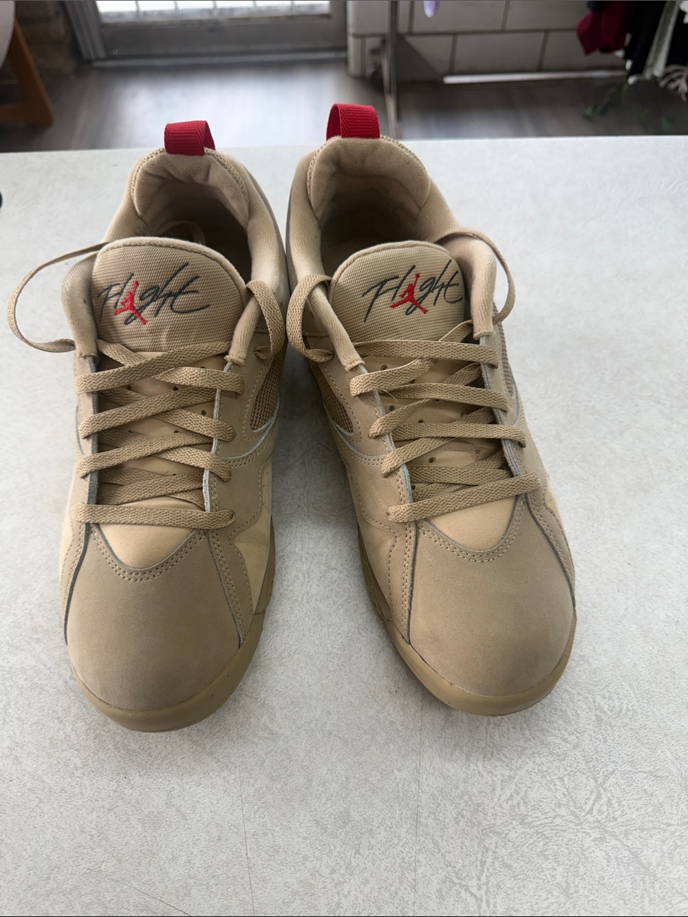 Jordan flights Men's Tan Sneakers with Red Tongue Tabs